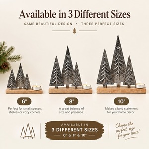 Plateau en bois rustique avec trois sapins de Noël argentés et porte-bougie chauffe-plat, décoration festive pour centre de table de Noël - Product Image 4