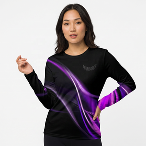 T-shirt imprimé à manches longues pour homme, motif noir et violet, séchage rapide, col rond, tissu tricoté, coupe classique - Product Image 6