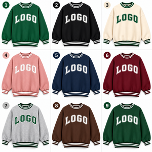 เสื้อสเวตเชิ้ตผ้าเฟรนช์เทอร์รี่สีเขียวคุณภาพสูงแบบขายส่ง แต่งขอบยางยืดลายทาง ทรงหลวม สไตล์วิทยาลัย สำหรับผู้หญิง - Product Image 3