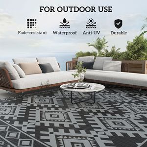 Tappeto da Esterno Reversibile Nero e Grigio 9FT X 18FT, Impermeabile in Plastica Intrecciata con Borsa per il Trasporto, Bordo a Rombi - Product Image 6