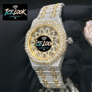ICE LOOK นาฬิกาข้อมือผู้ชายสแตนเลสทรงกลม 40 มม. นาฬิกาควอทซ์แบบแอนะล็อก ประดับโมอิสซาไนต์ สายสีทอง ปุ่มกดแบบซ่อน - Product Image 4