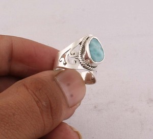 Natural Larimar <b>Ring</b> 925 Sterling Silver Vintage Style Ocean Blue Gemstone <b>Ring</b> for Women Handcrafted <b>Boho</b> Ethnic Jewelry - Product Image 3