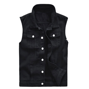 Chaleco vaquero negro para hombre, informal, con cuello vuelto, sin mangas, con botones frontales, prenda exterior de verano, de algodón tejido, color liso, lavado, con múltiples bolsillos. - Product Image 1
