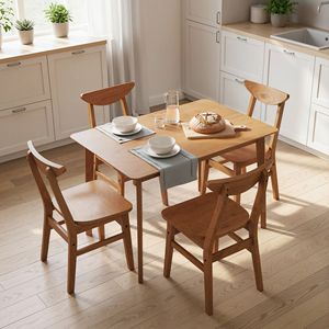 Set da Pranzo Contemporaneo in Legno Massello da 5 Pezzi, Tavolo e 4 Sedie Stile Fattoria per Spazi Ristretti, Finitura Noce - Product Image 2