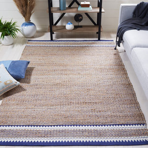 Tapis géométrique en fibre naturelle tissé à la main en jute/laine Tapis naturel/marine pour la décoration intérieure - Product Image 1
