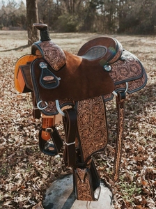 Selle Western pour cheval en cuir de buffle véritable de qualité supérieure, très demandée, avec accessoires, tailles personnalisées pour le barrel racing. - Product Image 4
