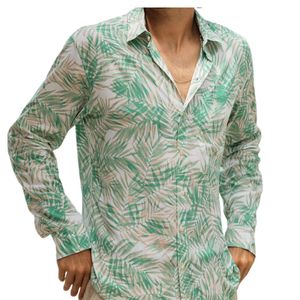 Camisa informal de manga larga con estampado de palmeras tropicales para hombre, cuello vuelto, camisa de popelina tejida con botones para verano - Product Image 1