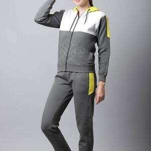 Conjunto Deportivo de 2 Piezas para Mujer, Sudadera con Capucha y Bloques de Color, Manga Larga, Felpa, Corte Regular, Verano, Gris, Amarillo, Blanco, 100% Algodón - Product Image 3