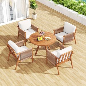 Sedia da esterno in legno di acacia bianca stile Boho con braccioli in corda intrecciata e cuscino, ideale per portico e balcone - Product Image 4