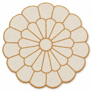 Floral Glass <b>Beaded</b> <b>Placemat</b> Ivory Gold Petal Table Mat Handmade Dining Decor Layered Flower Design | Elegant Table Setting mats - Product Image 1