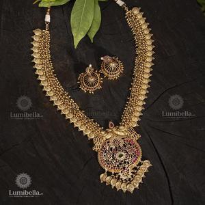 Laxmi Nakshi Coin Haram Pearl Women's Wedding Alloy Gold Plated Necklace and Earring Set - Product Image 1
