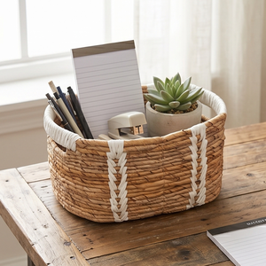 Panier de rangement naturel tissé à la main, écologique, avec poignées blanches, bac décoratif tissé pour l'organisation de la maison, du placard et du garde-manger - Product Image 5