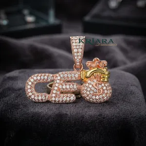 Colgante de Oro Rosa con Diamante Cultivado en Laboratorio y Circonita Cúbica en Forma de Bolsa de Dinero con Letra, Amuleto Hip Hop, Joyería Unisex - Product Image 3