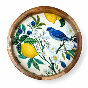 Plateau de service rond en bois de qualité supérieure avec finition émaillée, imprimé oiseaux, fait main, décoratif, pour thé, café, collations, décoration de luxe pour la maison - Product Image 1