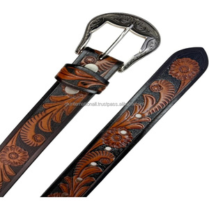 Ceinture en cuir western pour homme, faite à la main, en cuir pleine fleur, ceinture de cowboy/cowgirl avec gravure florale, boucle en argent antique - Product Image 2