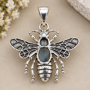 Labradorite <b>Bee</b> Pendant, 925 Sterling Silver Insect Pendant, Black Flash Labradorite Gemstone Jewelry, Statement Pendant - Product Image 3