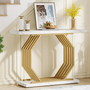 Table console d'entrée moderne convertible HOGA-F1790 pour salon, avec structure en métal doré et plateau en faux marbre, pour la maison - Product Image 3