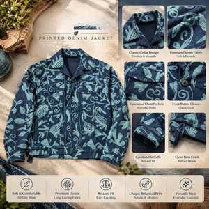 Veste en jean vintage à imprimé botanique avec motif floral bleu, col classique, boutons sur le devant et poches sur la poitrine |   Manches longues décontractées - Product Image 5