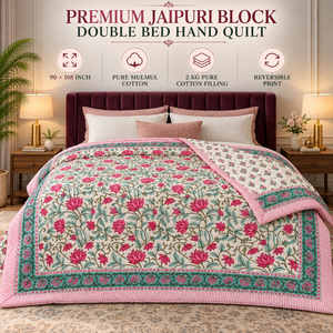 Couette imprimée Lotus Garden |   Couette réversible en coton Mulmul avec rembourrage en coton pur de 2 kg et matelassage à la main pour lit double - Product Image 5