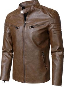 Men Brown Genuine Leather Slim Moto Biker Jacket Stand Collar Zipper Front Solid Color Regular Sleeve Autumn Style Finished - Product Image 2