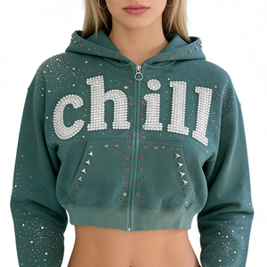 OEM 2026 – Nouveaux sweats à capuche longs zippés pour femmes, personnalisables avec rivets et clous, en polyester/coton, coupe-vent et écologiques - Product Image 1