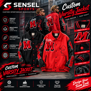 Veste bomber personnalisée SENSEL SPORTS pour homme, manches en laine, patch brodé en chenille, rouge et noir, style décontracté vintage universitaire, séchage rapide - Product Image 1