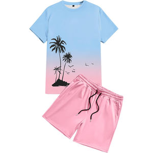 <b>Mens</b> Summer Two Piece Set Palm Tree Graphic T <b>Shirt</b> and <b>Pink</b> Shorts Tropical Ombre Design Casual Beachwear Outfit - Product Image 2