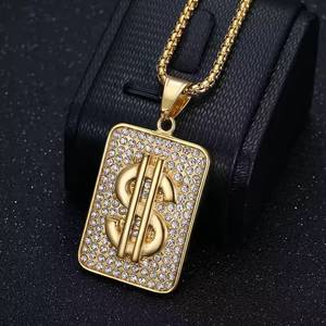 Collier pendentif signe dollar pour homme, plaqué or, chaîne en argent, style hip-hop, bijou avec breloque diamant rond - Product Image 2