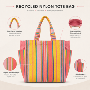 Bolsa de Mano de Nylon Reciclado a Rayas, con Cierre Abierto, Bordado, Impermeable, Reutilizable, para Compras, Playa, Viajes y Uso Diario - Product Image 6