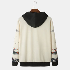 Sweat-shirt à capuche pour homme style chinois peinture à l'encre, pull d'automne imprimé numérique grue et fleurs - Product Image 2