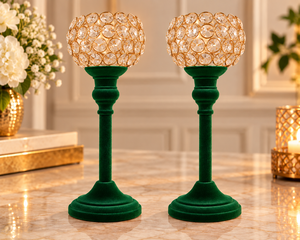 Ensemble de 2 porte-bougies en velours vert de luxe avec boule de cristal, supports décoratifs en métal pour mariage et décoration intérieure - Product Image 3