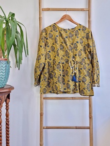 Blusa Bohemia azul mostaza terrosa de algodón puro Top indio Bagru Block verano Elegante ropa de día cómoda - Product Image 2