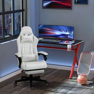 Sedia da Gaming in Pelle PU Bianca con Poggiapiedi Retrattile, Comoda Base Girevole con Ruote, Altezza Regolabile e Base in Metallo - Product Image 2