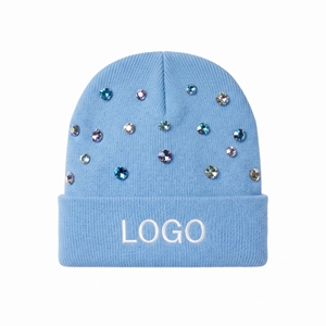 Bonnet tricoté personnalisé pour femme, broderie, bleu, chaud, hiver, doux, décoré de perles et de strass, pour temps froid - Product Image 4