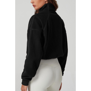 2026 Latest Women's <b>Black</b> Fleece Half-Zip Oversized Sweatshirt Stand Collar Drop-Shoulder Full <b>Sleeve</b> <b>Short</b> <b>Crop</b> Winter Wear ODM - Product Image 4