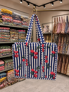 Bolsa de Lona Vintage con Estampado de Cerezas a Rayas Azules y Blancas, con Cierre de Cremallera, Estilo Preppy de Verano, para Compras y Playa - Product Image 4