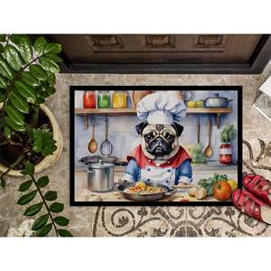 Nuevo felpudo Pug the Chef antideslizante lavable pila baja 18H X 27W alfombra de entrada para interiores y exteriores alfombrilla para puerta delantera - Product Image 3