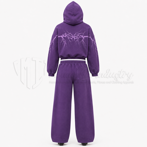 Conjunto de Sudadera con Capucha y Pantalones Deportivos para Mujer, Personalizado con Estampado de Rayos Púrpura, Sudadera Holgada, Pantalones Deportivos de Pierna Ancha, Ropa Deportiva Urbana - Product Image 2