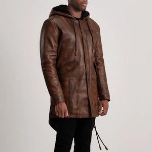 Manteau parka long à capuche en cuir véritable marron, doublure en fourrure épaisse, fermeture éclair, vêtements d'extérieur d'hiver - Product Image 2