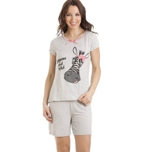 Conjunto de Top de Manga Corta y Pantalones Cortos con Estampado de Cebra Gris para Mujer, Transpirable, de Punto, Informal, para Verano, Dos Piezas - Product Image 1