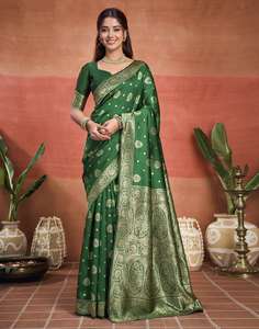 Sari de seda verde con borde dorado Zari y lunares para mujer, ropa de boda, sari indio tradicional, largo hasta el suelo, ajuste regular. - Product Image 1