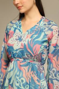 Vestido Maxi Estampado Floral Azul de Buena Calidad con Mangas Largas y Cuello en V para Mujer, Diseño de Vestido Disponible en Cantidad al por Mayor - Product Image 4