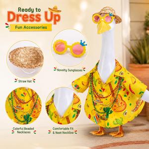 Costume de fête Fiesta Porch : Chemise jaune, chapeau de paille, lunettes de soleil, colliers de perles, décoration de statue d'oie de jardin, tenue de fête - Product Image 2
