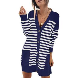 Open Front Button V-Neck <b>Cardigan</b> Sweater for Women 2025 Long Sleeve <b>Chunky</b> <b>Knit</b> Outwear Pockets Striped Design for Autumn - Product Image 3