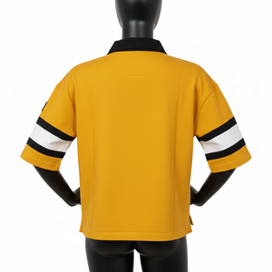 Maillot de rugby pour femme en coton lourd et polyester, double tricot, jaune et noir, avec empiècements rayés et logo personnalisé - Product Image 2