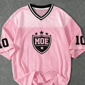 T-shirt unisexe tendance à imprimé graphique de maillot de football américain, col en V, manches courtes, décontracté, grande taille, rose - Collection été - Product Image 5