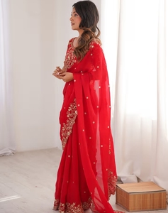 KV Satin <b>Red</b> Embellished Designer Saree With Unstitched <b>Blouse</b> - Product Image 5
