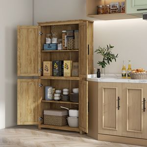 Modern 64\" Tall <b>Kitchen</b> <b>Pantry</b> Storage Cabinet Solid Wood MDF with 4 Rattan Doors 4 Tier Eco-friendly Shelves Natural Style - Product Image 2