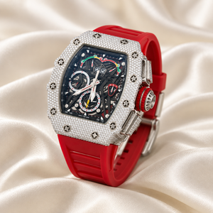 Montre mécanique de luxe pour homme Raj Gems, boîtier en acier inoxydable, bracelet en silicone rouge, chronographe analogique, ovale 30 mm, mouvement ETA, lumineuse, tendance - Product Image 3