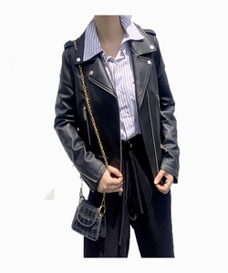 Women's Black Genuine Leather Moto Jacket Full Sleeve <b>Zipper</b> Closure Stand Collar Autumn Style - Product Image 5